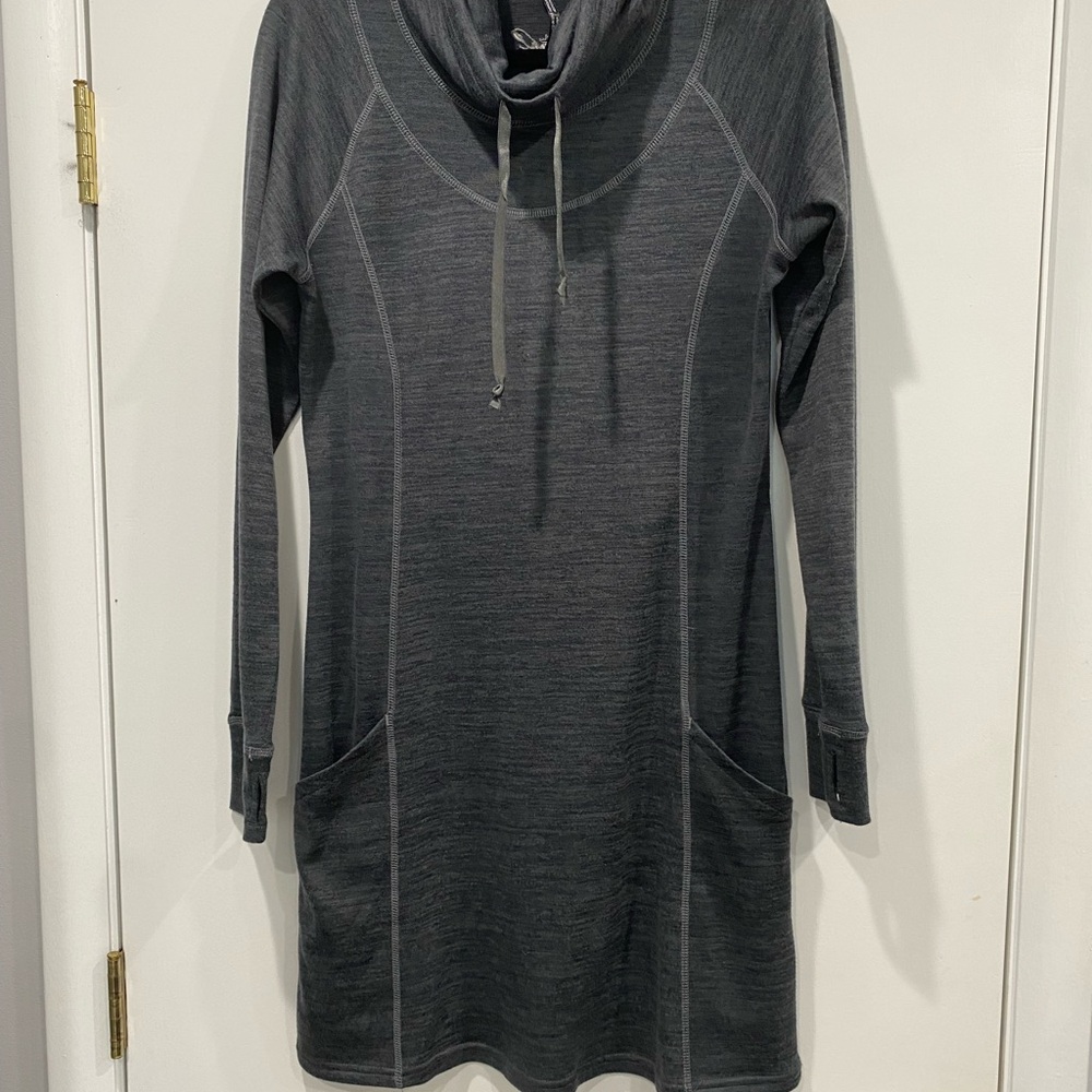 Kuhl Lea Dress. Navy/Gray Heathered Women's Cowl Neck Sweatshirt Dress
